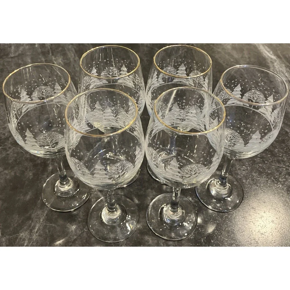 VNTG Set of 6 Winter Wonderland Scene White Frosted Trees Wine Goblets Gold Trim